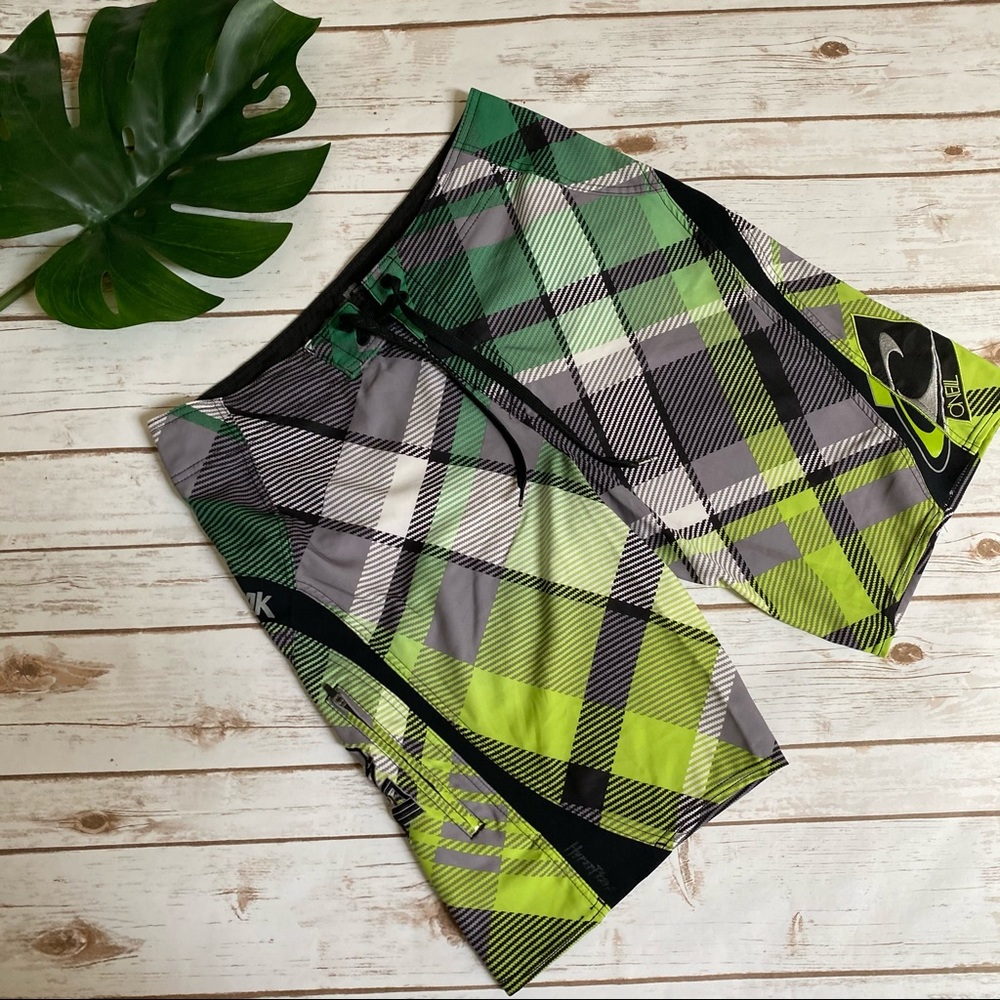 O’Neil Green Plaid Board Shorts Swim Trunks